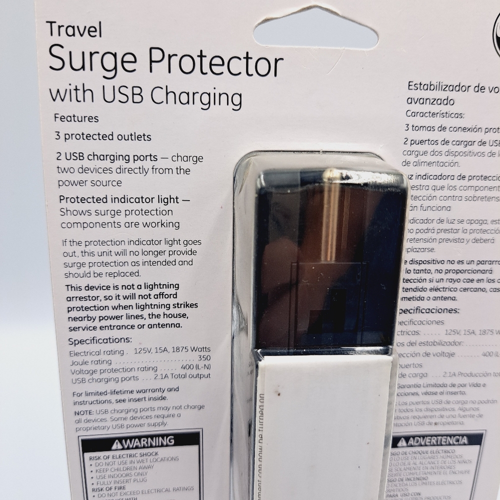 2 GE Travel Surge Protectors Outlets with USB Charging Ports & Foldable Prongs - Picture 6 of 7